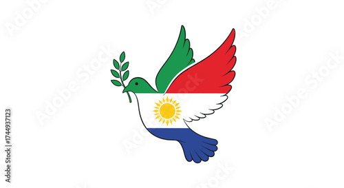 Peaceful dove carrying a branch over a white background with national flag symbols.