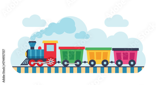 A colorful toy train travels across the tracks with clouds in the sky.
