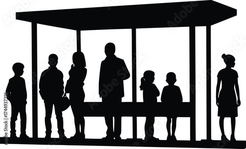Children and adults waiting at bus stops silhouette vector illustration