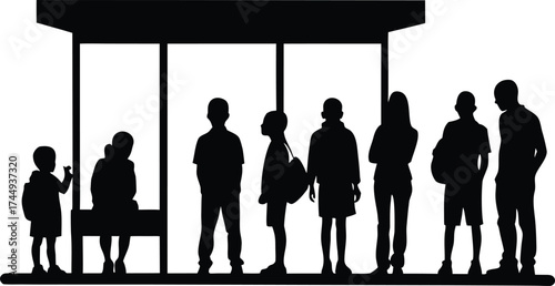 Children and adults waiting at bus stops silhouette vector illustration