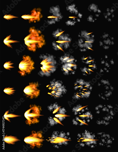 Gun flashes or gunshot animation. Collection of fire explosion effect during the shot with the gun. Cartoon flash effect of bullet starts. Shotgun fire, muzzle flash and explode