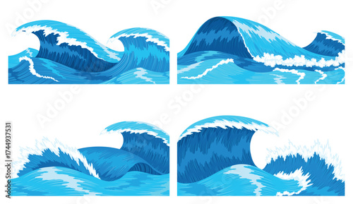 Ocean waves. Four scenes of blue sea or ocean waves with spray, foam on crest. Splash water, marine sea storm element, vector illustration