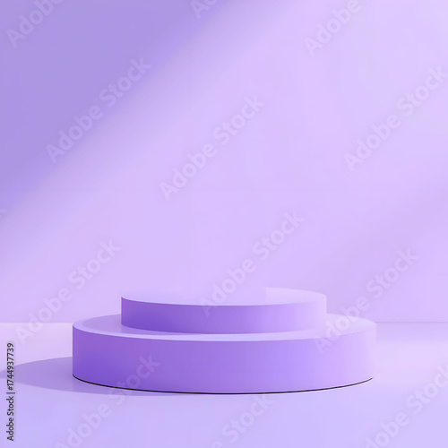Geometric Purple Podium for Product Display: A sleek, two-tiered geometric podium bathed in soft light, offering a minimalist stage for product presentation.