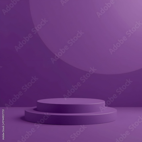 Elegant Purple Stage for Display: Minimalist design featuring a tiered, circular stage in a captivating shade of purple. This setting offers a sophisticated backdrop for showcasing products, concepts.