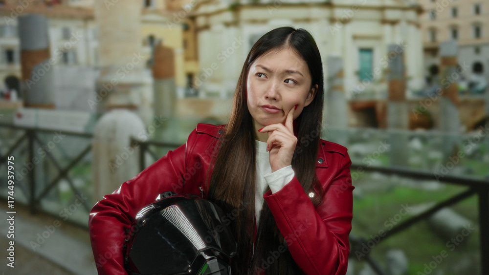Fototapeta premium Woman in red jacket holds helmet while pondering in front of ancient roman ruins in city setting, combining modern and historical elements outdoors.