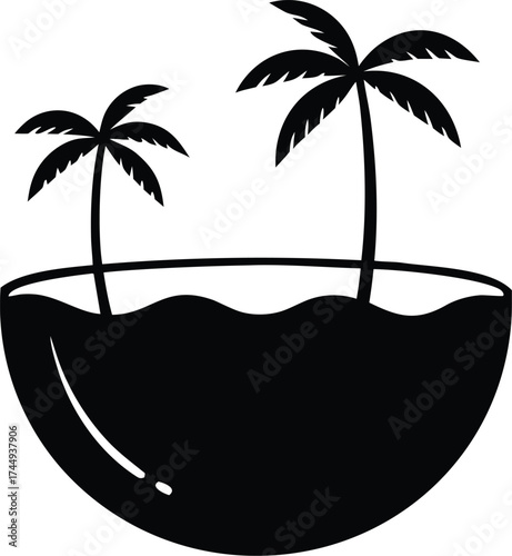  half coconut shell with palm trees silhouette vecor