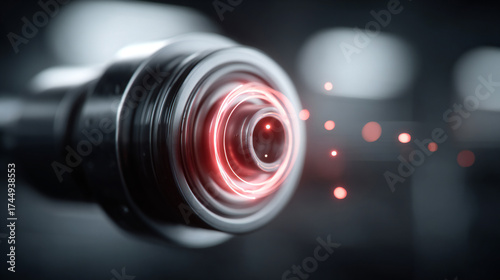 Close-up of digital camera and projector lenses with glowing light bulb and colorful reflections on black background