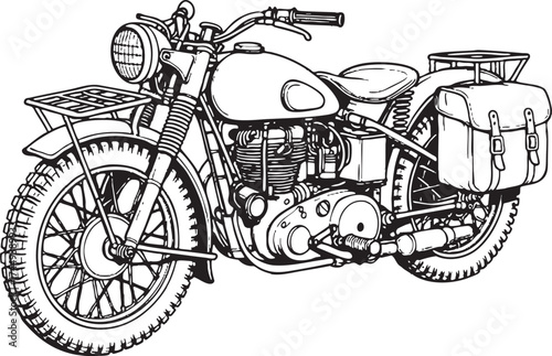 High-detail vector line art of a vintage classic motorcycle, deep black clean lines, no color or gradient, intricate engine and wheel details, pure white background, professional technical sketch styl
