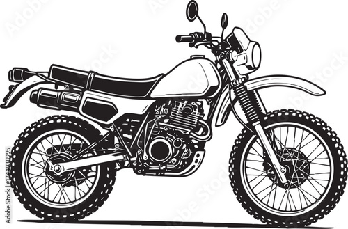 High-detail vector line art of a vintage classic motorcycle, deep black clean lines, no color or gradient, intricate engine and wheel details, pure white background, professional technical sketch styl