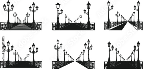 Vintage street lamps on bridge walkway with railings, black and white perspective illustration, architectural design, symmetrical lighting, artistic infrastructure drawing