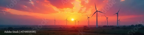 Vibrant Sunrise Illuminates Wind Turbine Farm Clean Energy and a Sustainable Future