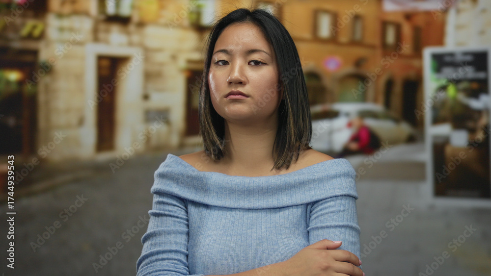 Fototapeta premium Young chinese woman with serious expression standing on a city street, wearing a blue sweater and looking away, with blurred urban background.