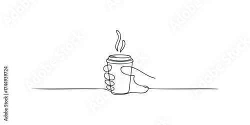 Single line drawing of a hand holding a steaming coffee cup