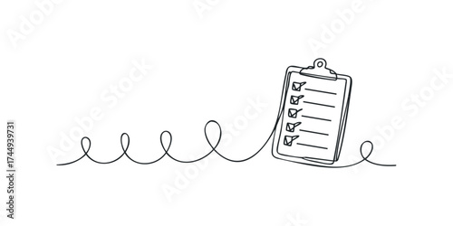 Hand drawn continuous line art checklist on clipboard