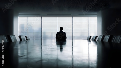 Wallpaper Mural A lone businessman sits in silhouette at the head of a large polished conference table in a modern office looking out the window Torontodigital.ca