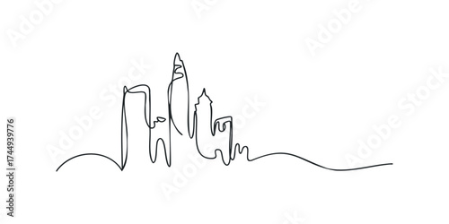 Continuous line drawing of modern city skyline
