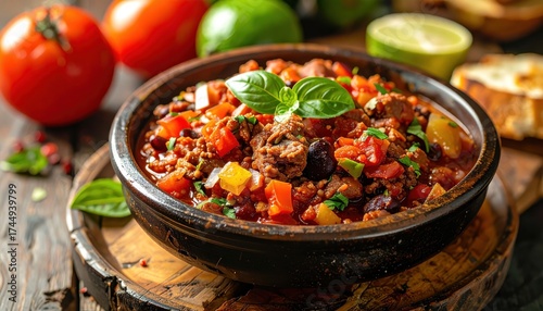 A hearty, homemade chili is presented in a rustic ceramic bowl, brimming with ground meat, vibrant vegetables like tomatoes and peppers, and fresh herbs, arranged on a wooden serving board, alongside