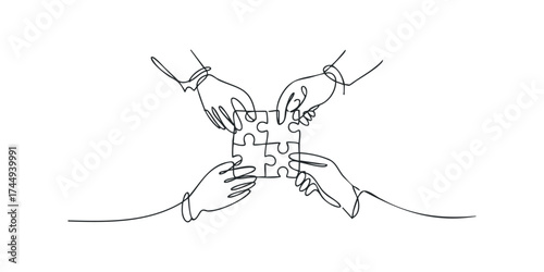 Four hands assembling puzzle pieces in unison