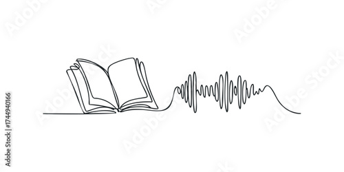 Open Book with Sound Wave in Single Line Drawing
