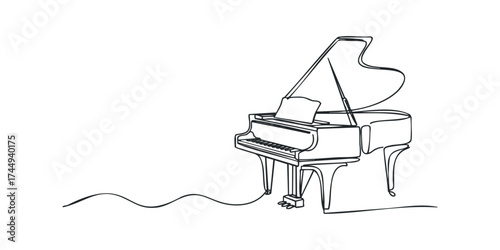 Black and white line drawing of a grand piano