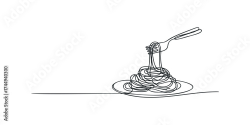 Continuous line drawing of spaghetti on a plate with a fork
