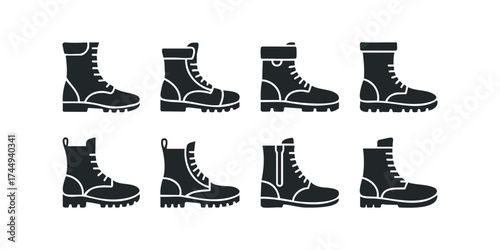 Collection of Eight Black Boot Icons Side View