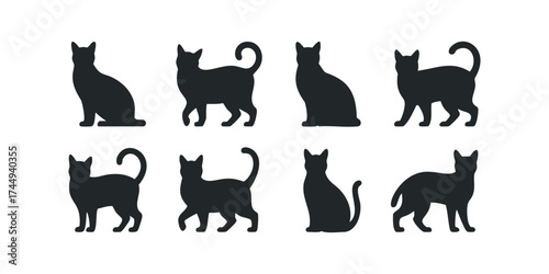 Collection of eight black cat silhouettes in various poses