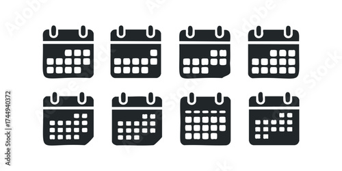 Eight black calendar icons arranged in two rows