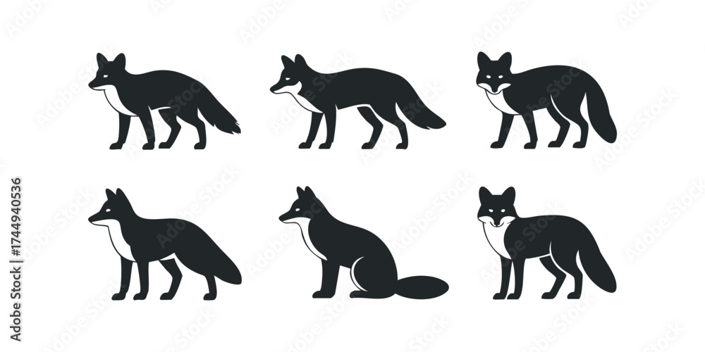 Naklejka premium Six stylized black fox silhouettes in various poses