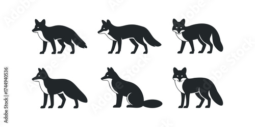 Six stylized black fox silhouettes in various poses