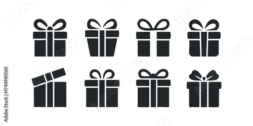 Collection of eight gift box icons with bows