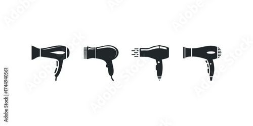 Four stylized hairdryer icons on a white background