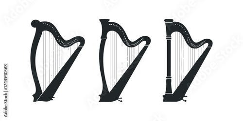 Three stylized harp silhouettes side by side