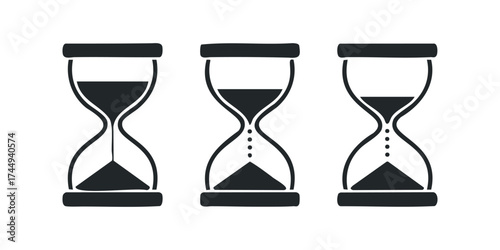 Three silhouette hourglass icons with black sand