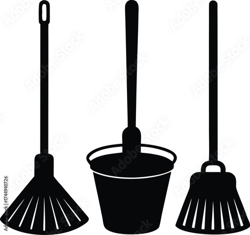 Vector art of two brooms and two buckets