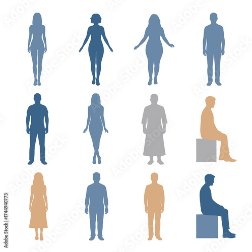 Silhouetted figures of diverse people in various poses, standing and sitting.