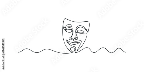 Abstract Line Art of Theatrical Comedy Mask with Waves