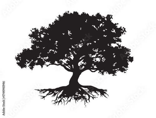Historic old tree with massive roots black vector silhouette