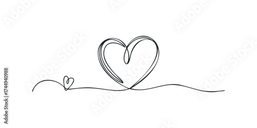 Continuous line drawing of a heart symbol with a small heart