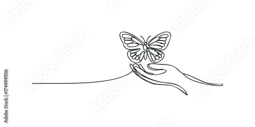 Hand holding butterfly line art