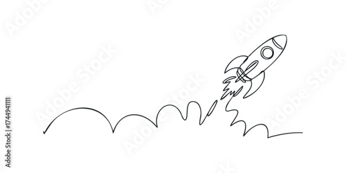 Minimalist rocket ship soaring upwards leaving a smoke trail