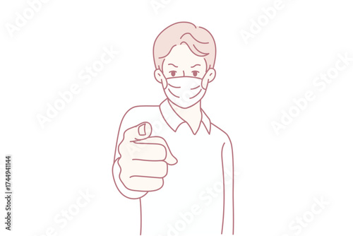 Man in mask point at screen make people stay home during covid-19 lockdown. Male in facemask ask everyone keep distance. Coronavirus concept. Vector illustration.