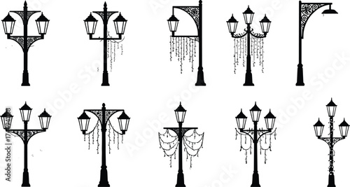Ornate vintage street lamp silhouettes, decorative lantern designs, classic urban lighting, retro lamp posts, elegant outdoor lights, architectural city illumination