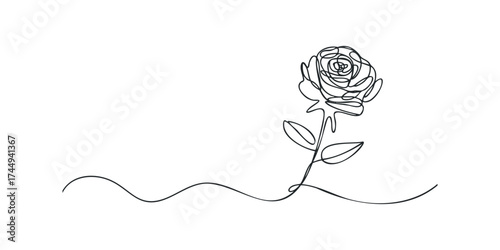Single line drawing of a rose with stem and leaves