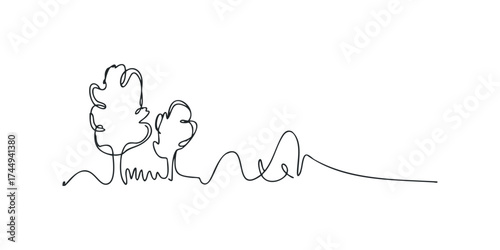 Minimalist line drawing of two stylized trees on a landscape