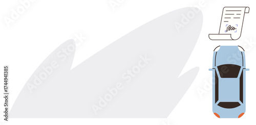 Blue car with signed paper suggesting an agreement, contract, or insurance. Ideal for legal processes, vehicle ownership, insurance, traffic rules, vehicle leasing, documentation simple flat