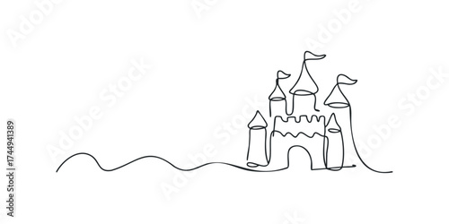 Single Line Drawing of a Majestic Castle with Flags