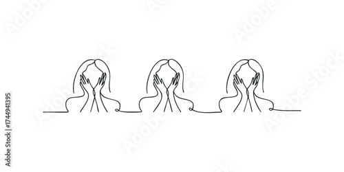 Abstract line art of three heads with hands covering faces