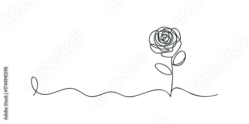 Single line drawing of a blooming rose on a wavy stem