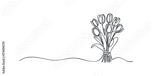 Minimalist bouquet of tulips drawn with a single continuous line